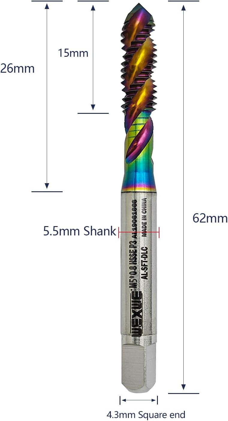 WEXWE Store Tools M5 x 0.8 DLC Coating Spiral Flute Thread Tap, Metric Machine Threading Tap High Speed Steel Cobalt(HSSCo), Round Shank with Square End, H2 Tolerance, 2pcs - Image 2